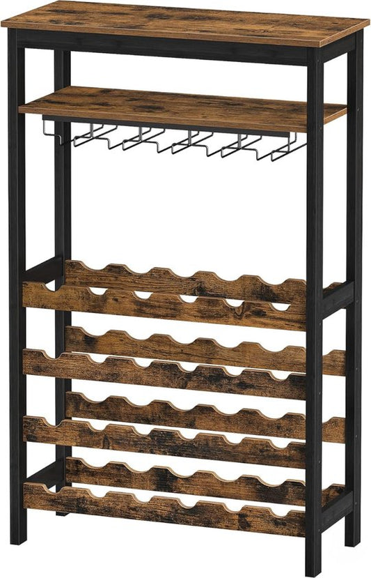 Niceey – Wijnkast Met Glazenhouder –  Voor 24 Flessen – 66 x 30 x 100 cm – Voorzien Van Bovenste Opbergplank En Ruimte Voor 15 Glazen – Voor Woonkamer En Keuken – Zwart En Bruin Metaal En Hout