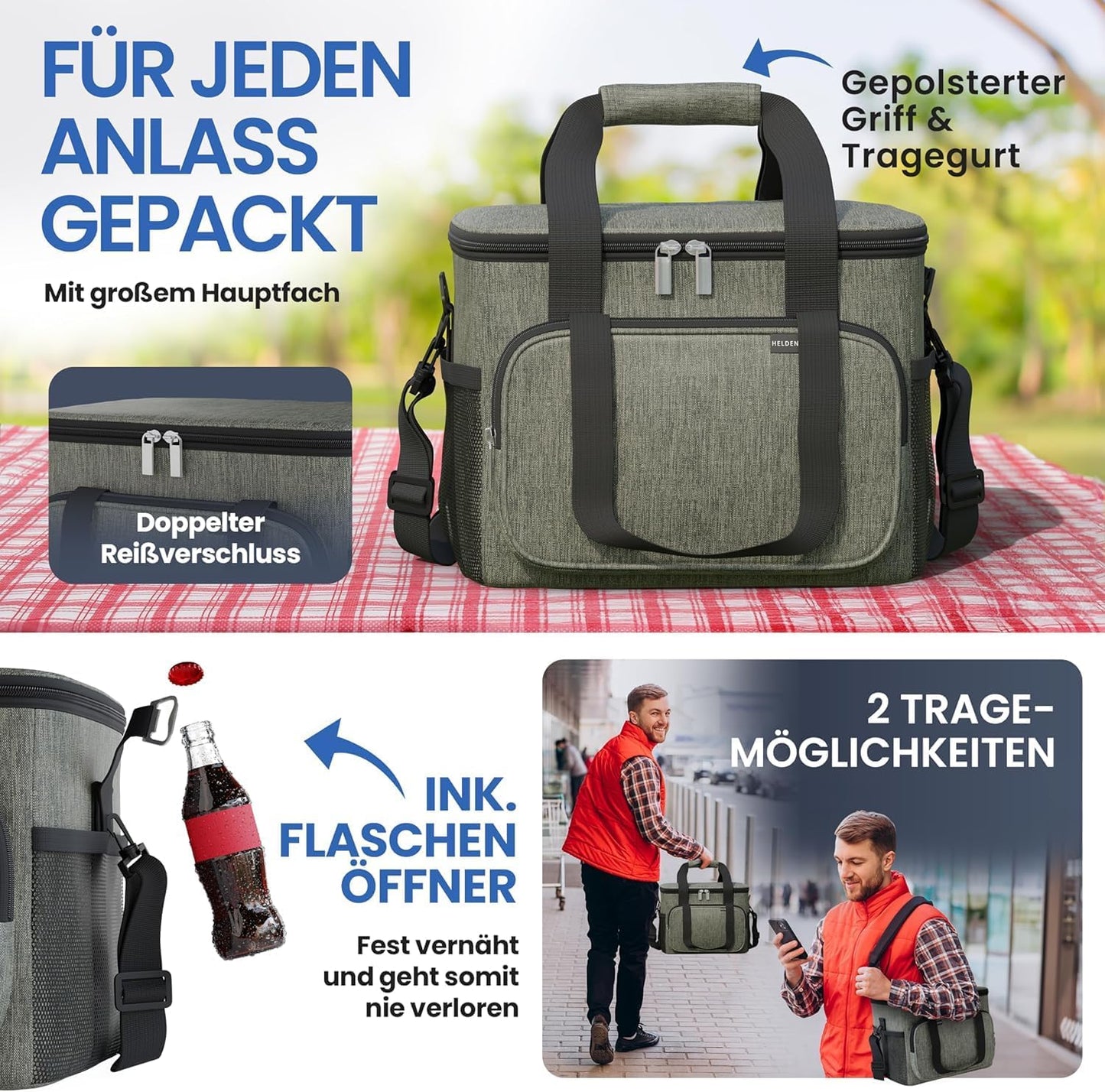 HELDENWERK Koeltas Klein & Opvouwbaar – 10 Liter Thermische Lunchtas – Waterdicht & Lekvrij – Geïsoleerde Picknick- en Koeltas – Met Flesopener – Olijfgroen