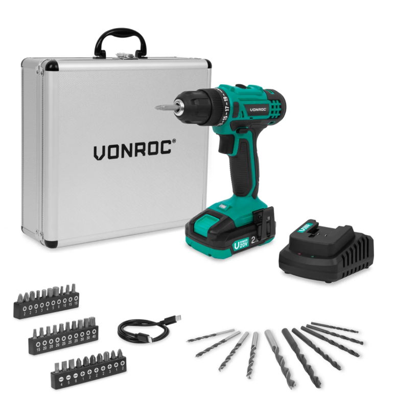 Vonroc Accuboormachine 20V – 25 Nm – 19+1 Standen – 2,0 Ah Accu – 46 Accessoires – Aluminium Koffer