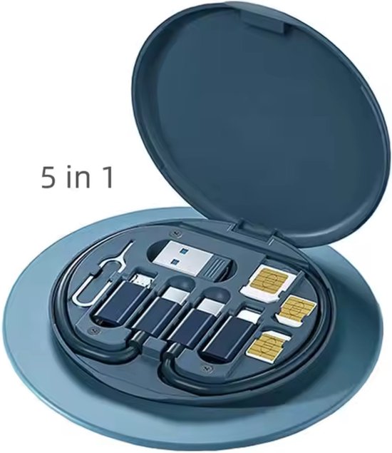 Mini Multifunctionele 5-in-1 USB Kabelset met Telefoonhouder en SIM-kaart Ejector Tool - 60W Snellader - USB-C Kabel & USB-C Adapter - USB naar USB-C - USB naar iPhone - USB-C naar USB-C - USB-C naar iPhone - USB-C naar Micro - Compacte Opslagbox.