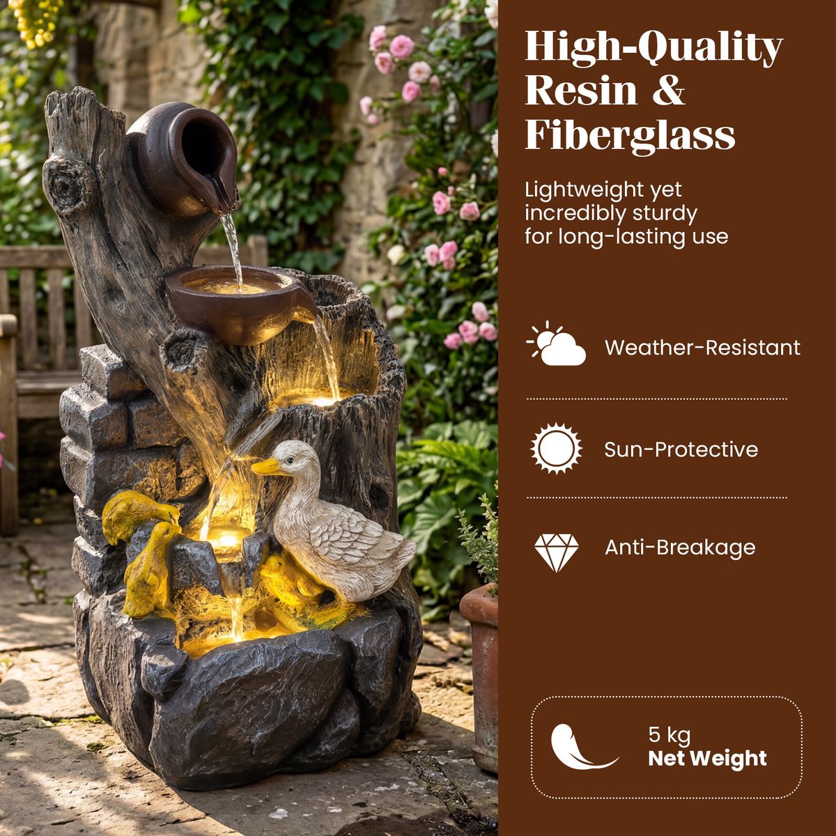 Coast Tuinfontein met eendenfamilie - 4-traps waterval - LED-verlichting - grijs - 30 x 27 x 57 cm