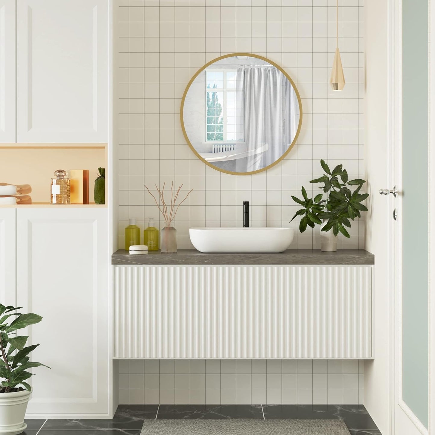 Woltu Ronde Wandspiegel 60x60 cm - Gouden Metalen Frame - Moderne Badkamer en Interieur Spiegel