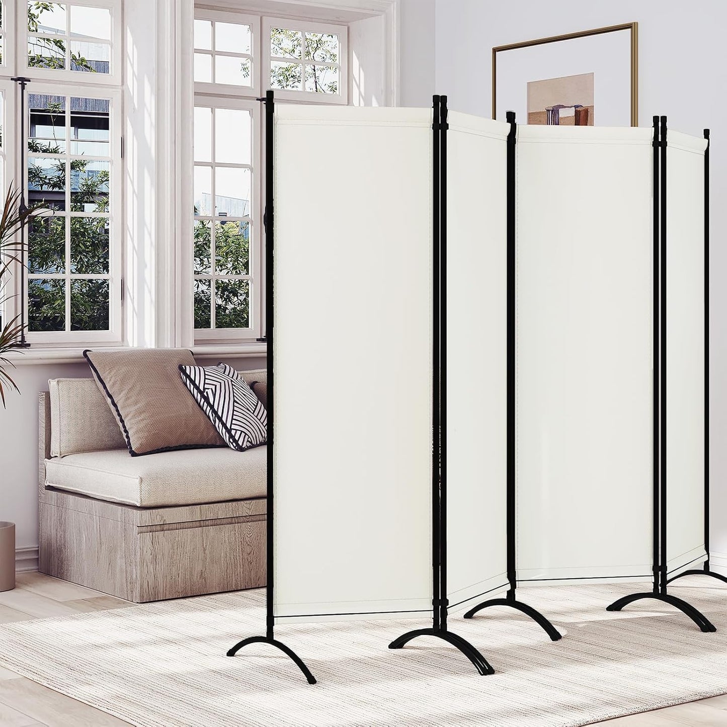 Woltu Paravent 4-Delig 224 x 182 cm – Crème – Inklapbare Ruimteverdeler en Inkijkbescherming voor Binnen en Buiten