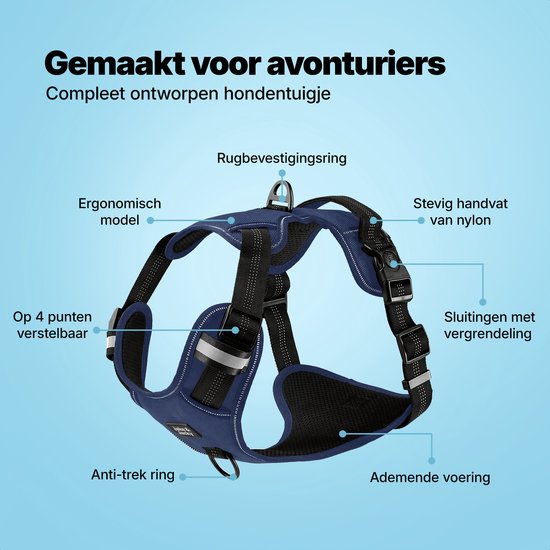 Jake and Jacky Hondentuigje - Anti-Trek Tuig - Hondenharnas - Y Tuig Hond - Reflecterend - Blauw - Maat S