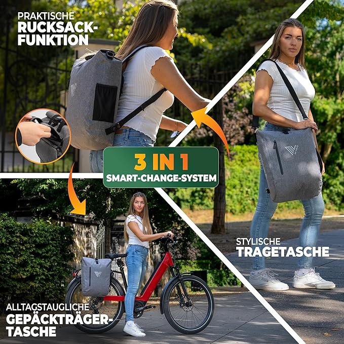 MIVELO 3-in-1 Fietstas – Rugzak & Schoudertas – Waterdicht met Laptopvak & Slot – 20L – Grijs