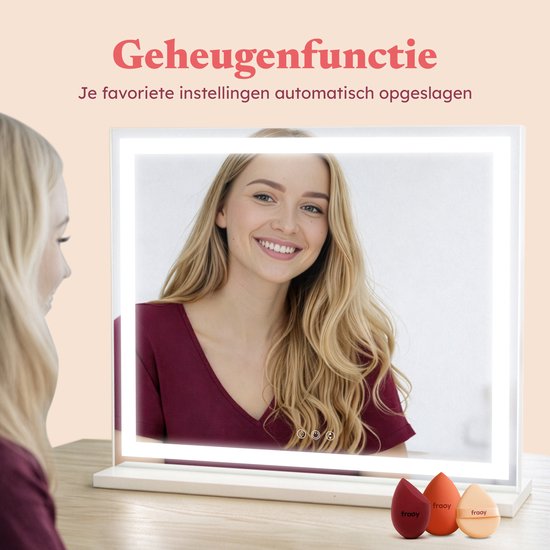 Fraay® Hollywood Spiegel met Verlichting 60x50cm - 3 Lichtstanden - Make Up Spiegel met 10x Vergrootspiegel - LED Strip Verlichting Dimbaar - Incl. 2 Beauty Blenders en Powder puff