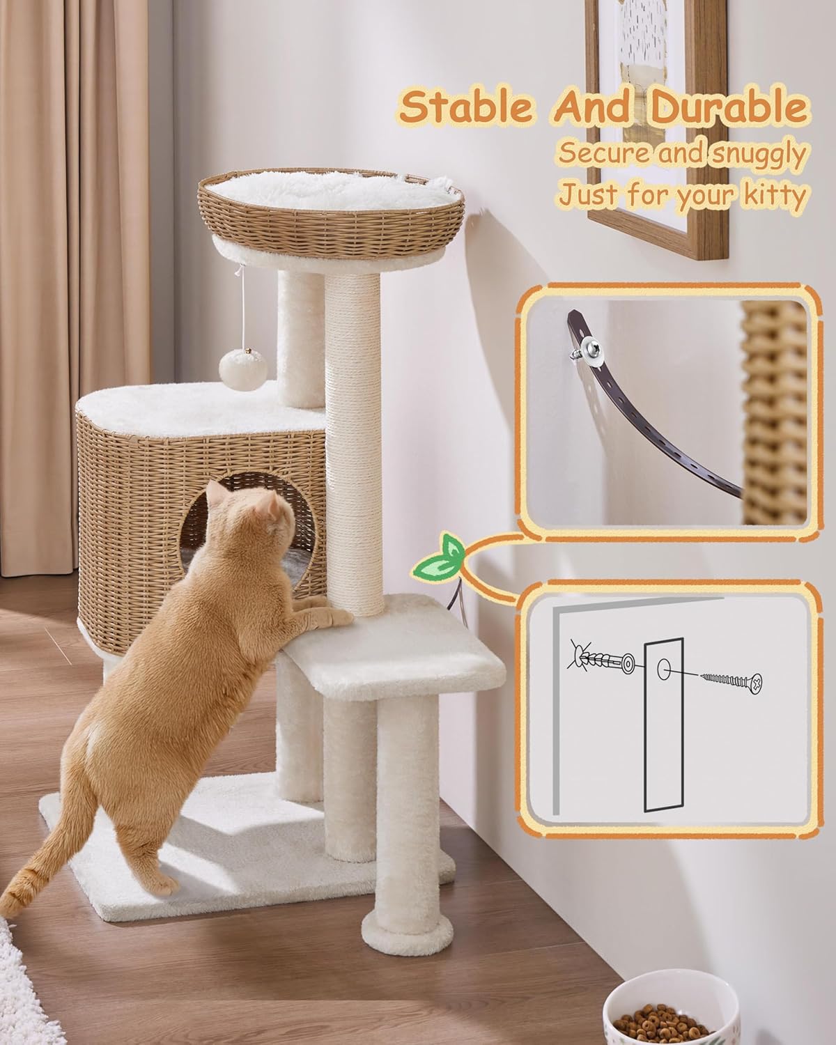 Yaheetech Krabpaal Met Rotan Kattenhuis – 49 x 41 x 91 cm – Voorzien Van Luxe Kattenmand En Sisal Krabpalen En Zachte Uitneembare Matten – Voor Kittens En Volwassen Katten – Beige Rotan En Pluche