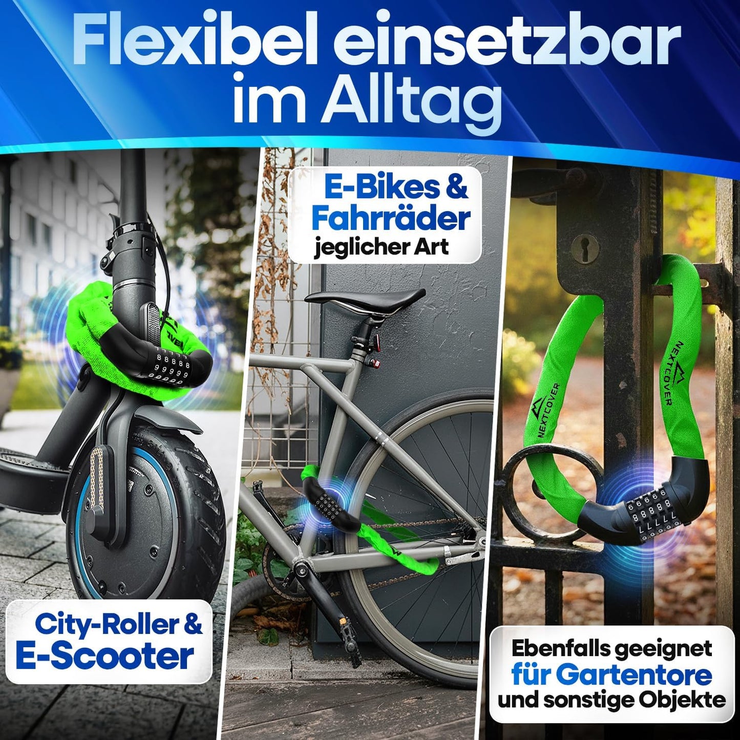 NEXTCOVER® Fietsslot LockOne met sleutel - hoge veiligheid - robuust & duurzaam - 3 sleutels - Groen