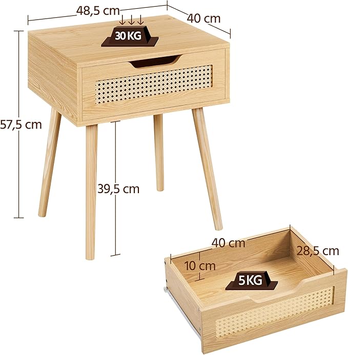 Yaheetech Nachtkastje met Rotan Lade – Lichtbruin – 48,5 x 41 x 57,5 cm – Houten Poten