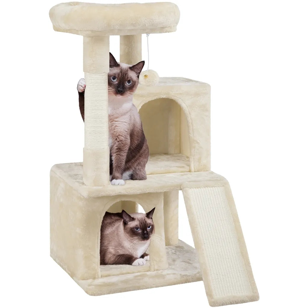 Yaheetech Krabpaal Beige – 91 cm Hoog – Met 2 Kattenhuisjes, Sisal Krabpalen en Speelbal