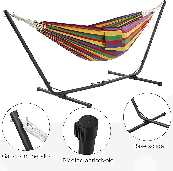 Yaheetech Hangmat met Standaard 294–314 cm – Regenboogstrepen – Verstelbare 2-Persoons Tuinhangmat met Draagtas tot 205 kg