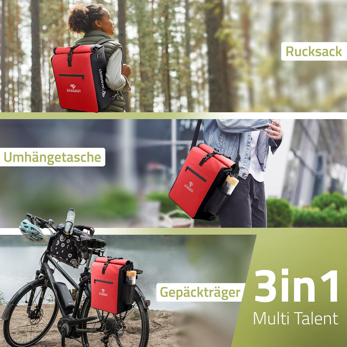 RADGEIST 3in1 fietstas voor bagagedrager - fietsrugzak - draagtas - schoudertas - met laptopvak - waterdicht - 25L - rood