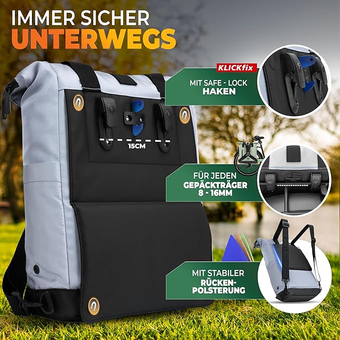 MIVELO - Fietstas Voor Bagagedrager - 22 l Inhoud - Polyester - Reflecterend & Zwart - Met Laptopvak & Schouderband - Voor E-bike & Stadsfiets