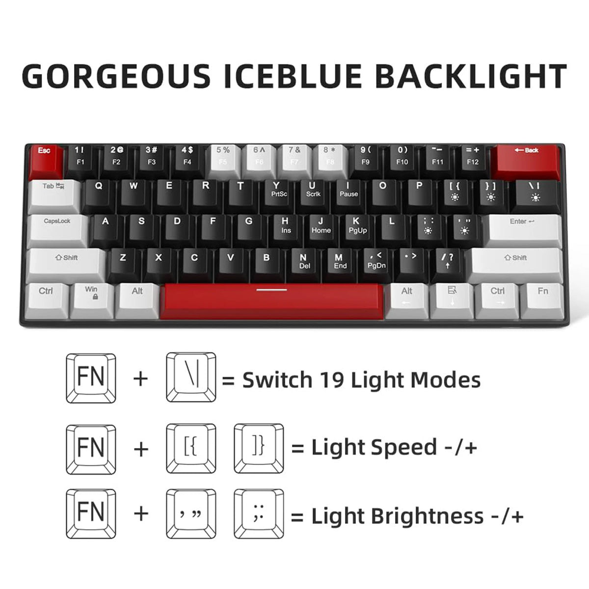 MageGee STAR 61 Mechanisch Gamingtoetsenbord - 60% - 61 Toetsen - Blauwe LED-verlichting - Rode Switches - USB-C - Grijs/Zwart/Rood