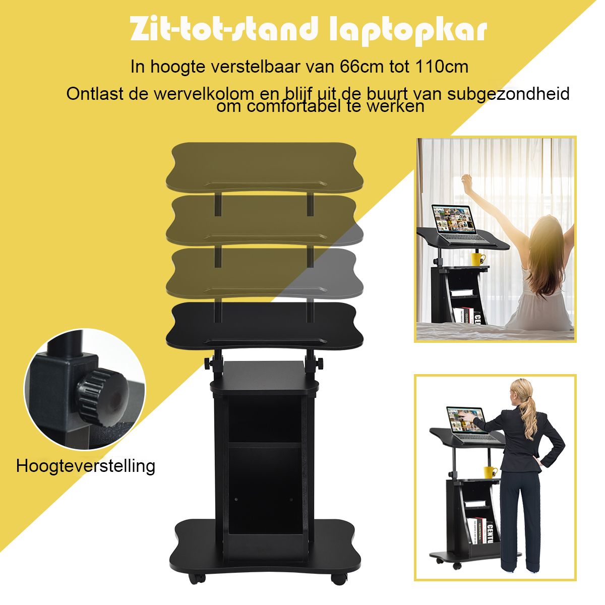 Coast Laptoptrolley - in hoogte verstelbaar - kantelbaar bureaublad - met opbergruimte - zwart