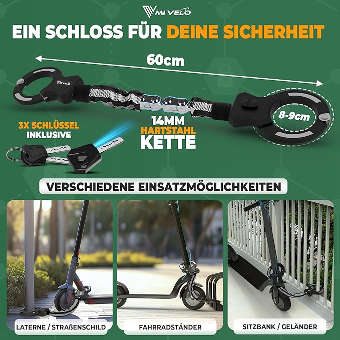 MIVELO E-Step & Fietsslot – Handboei-Kettingslot – Security Level 10/12 – Incl. Draagtas – Carbonstaal – Zwart – 30 x 4 x 4 cm
