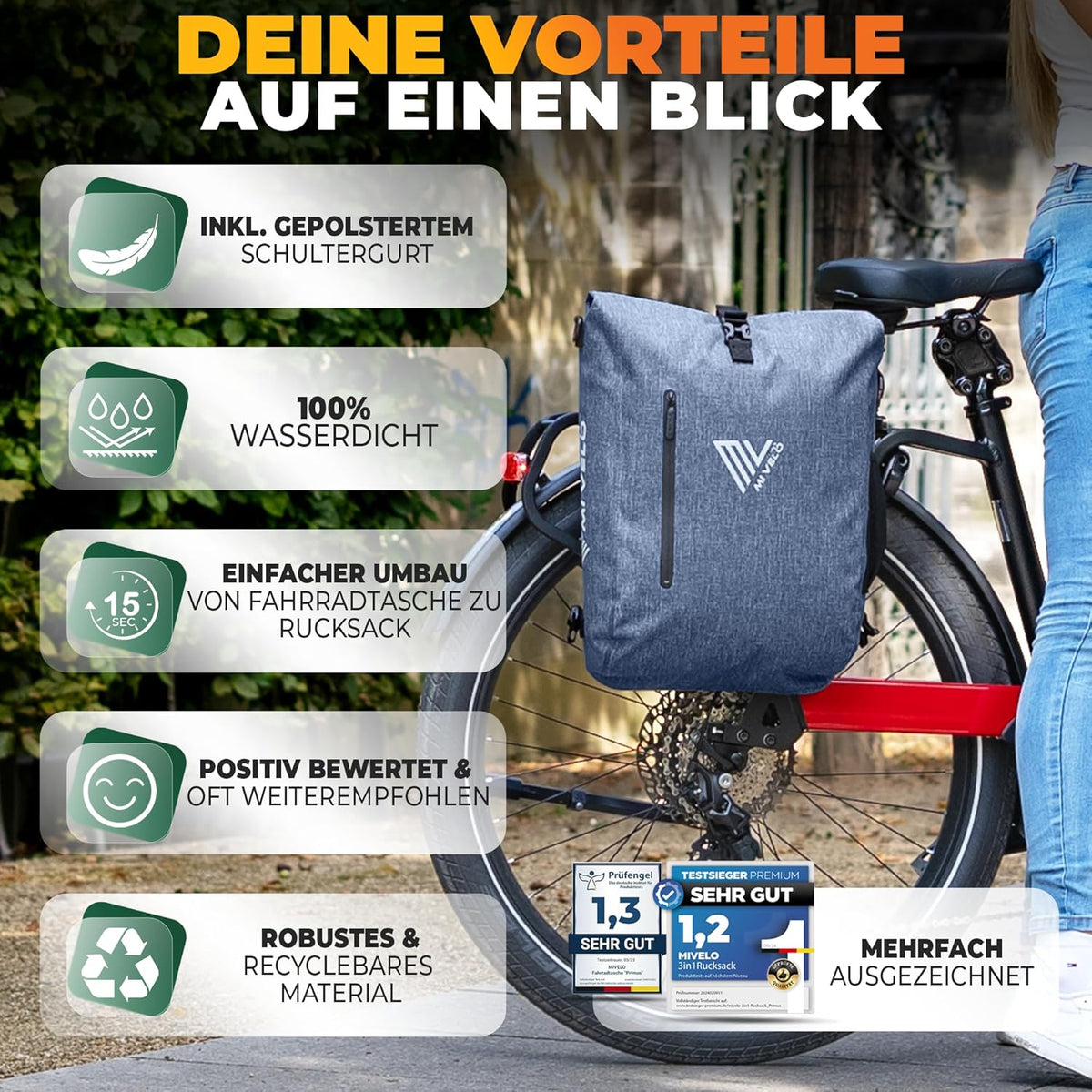 MIVELO 3-in-1 Waterdichte Fietstas met Laptopvak en Slot - PVC-vrij - Jeansblauw - 20 L