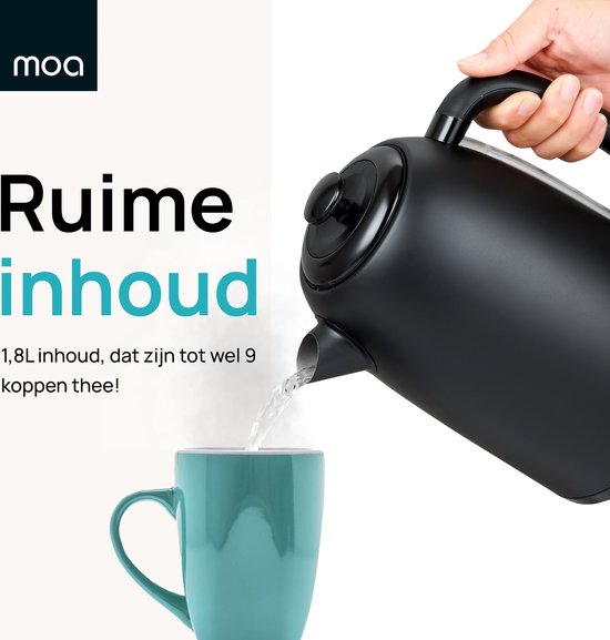 MOA Waterkoker 1,8 Liter - Elektrische Waterkoker - Met Kalkfilter en Anti-Slip - 2200W - Zwart