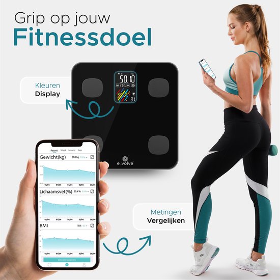 e.volve Weegschaal Personenweegschaal Digitaal - 16 Metingen - Slimme Weegschaal met Lichaamsanalyse - Precisie Weegschaal - Weegschalen - Digitale Weegschaal - Incl. App
