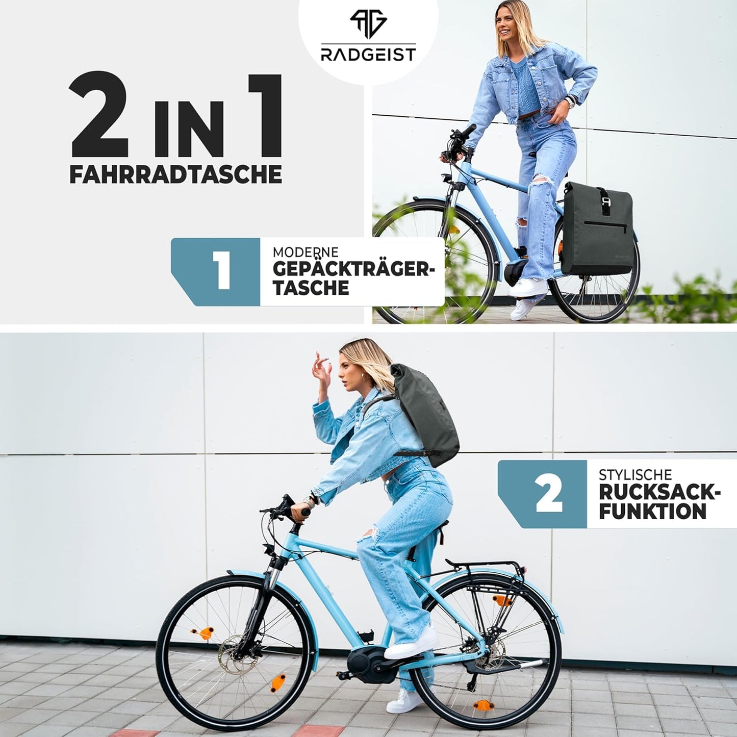 RADGEIST fietstas voor bagagedrager I fietstas & rugzak I fietstas voor dames & heren I schoudertas & fietstas voor fiets 20L antraciet