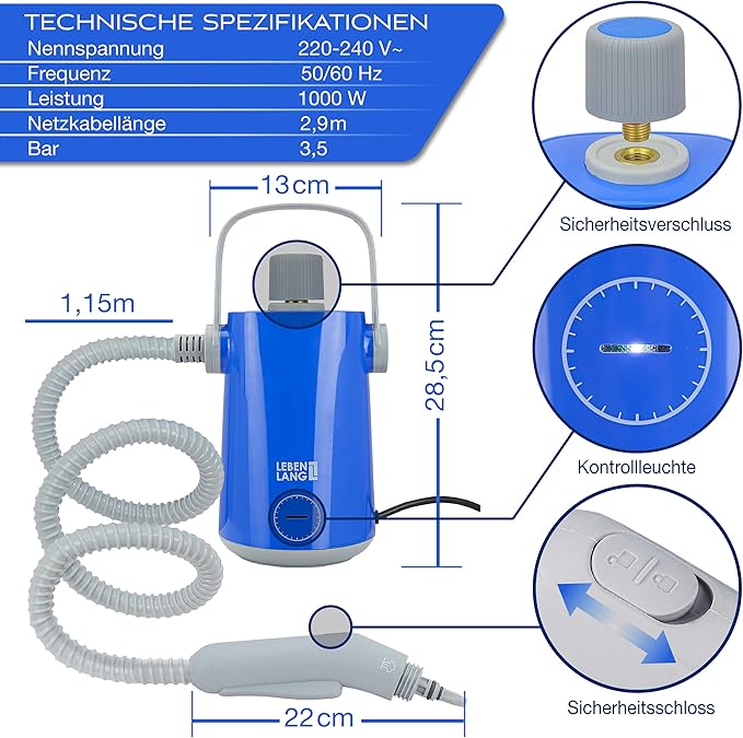 LEBENLANG - Elektrische stoomreiniger - Handapparaat - 3,5 bar en 1000 W - 12 x accessoires- Stoomreiniger voor alles