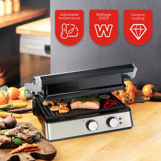 Bourgini Contact Grill PURE – PFAS-vrije 2-in-1 Sandwich- & Panini-Grill – Instelbare Temperatuur & Timer – Verwijderbare Grillplaten – Zilver