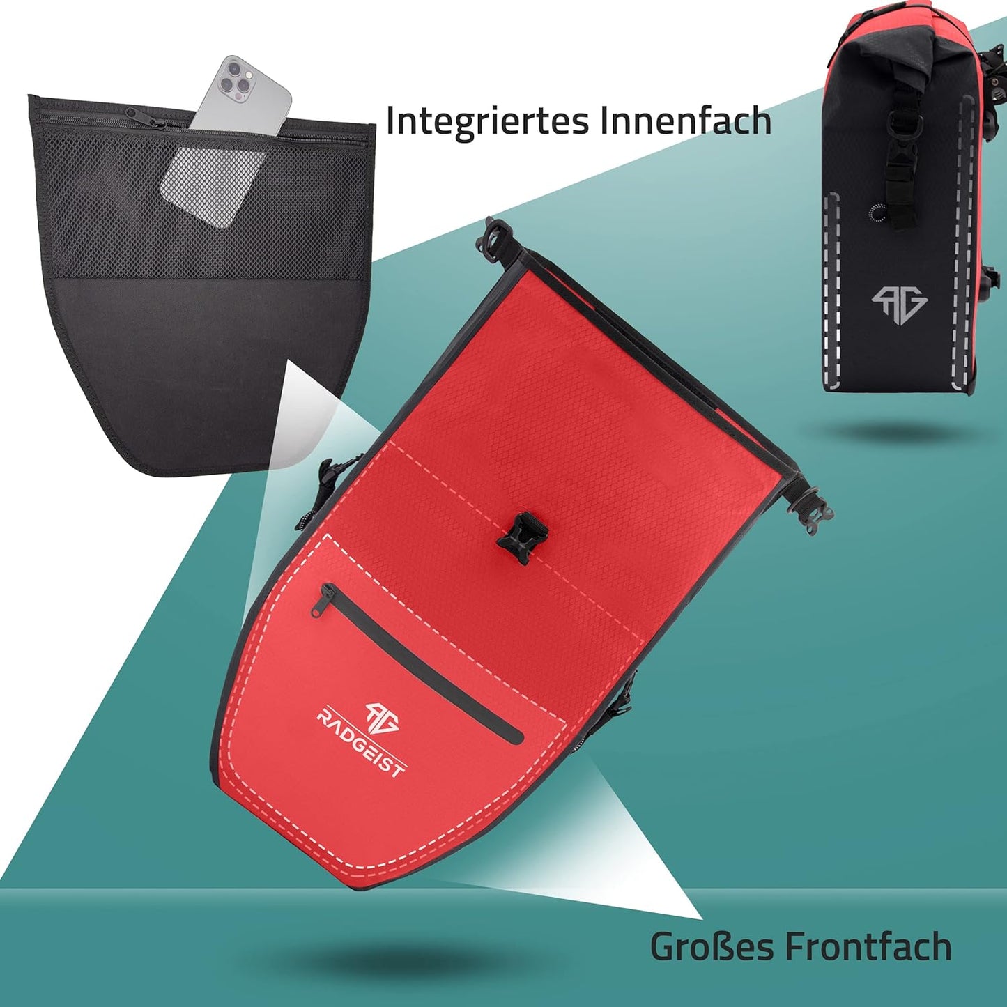 RADGEIST - Fietstas Bagagedragertas - 28 L - Rood Zeildoek - Waterdicht met Laptopvak - Sportief & Functioneel - Inclusief Schouderriem & Reflectoren