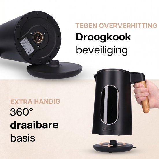 HomeShift® Waterkoker met Temperatuurregeling - Warmhoudfunctie - Dubbelwandig - Elektrisch - 1,7 Liter - 2200W - Zwart / Hout