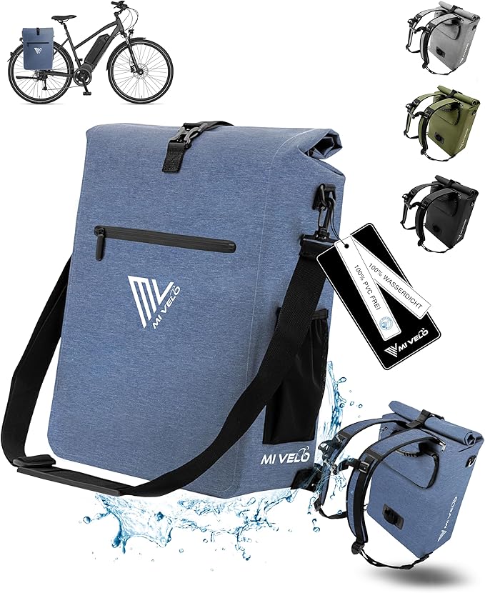 MIVELO - Fietstas Voor Bagagedrager - 3-in-1 - 25 liter Inhoud - Jeansblauw & Waterbestendig Polyester - Reflecterende Details - Voor Dagelijks Gebruik