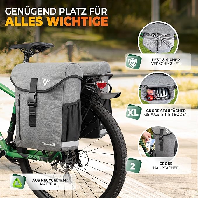 MIVELO Fietstas Dubbel – Waterdicht & Incl. Reflecterende Regenhoes – 36 liter – Grijs