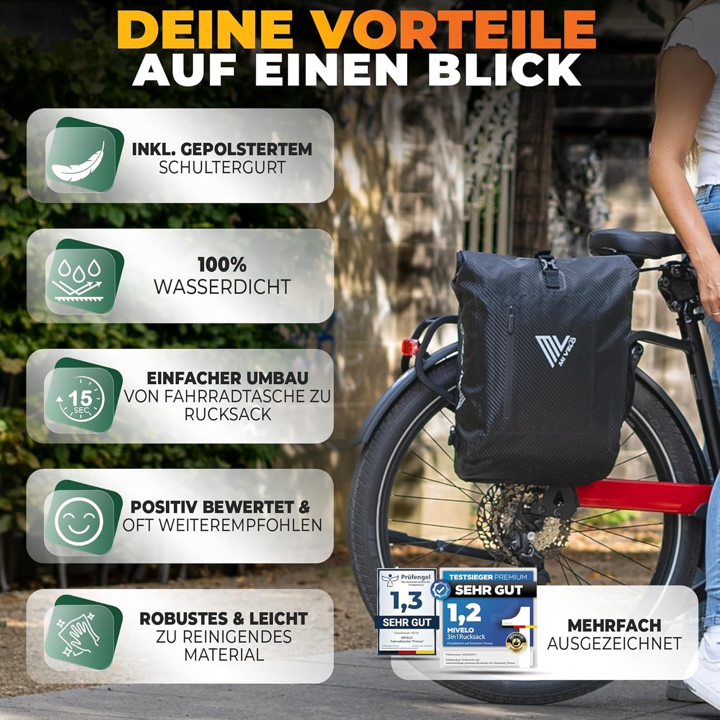 MIVELO PRIMUS - 3-in-1 Waterdichte Fietstas met Laptopvak en Slot - Carbon - 20 L