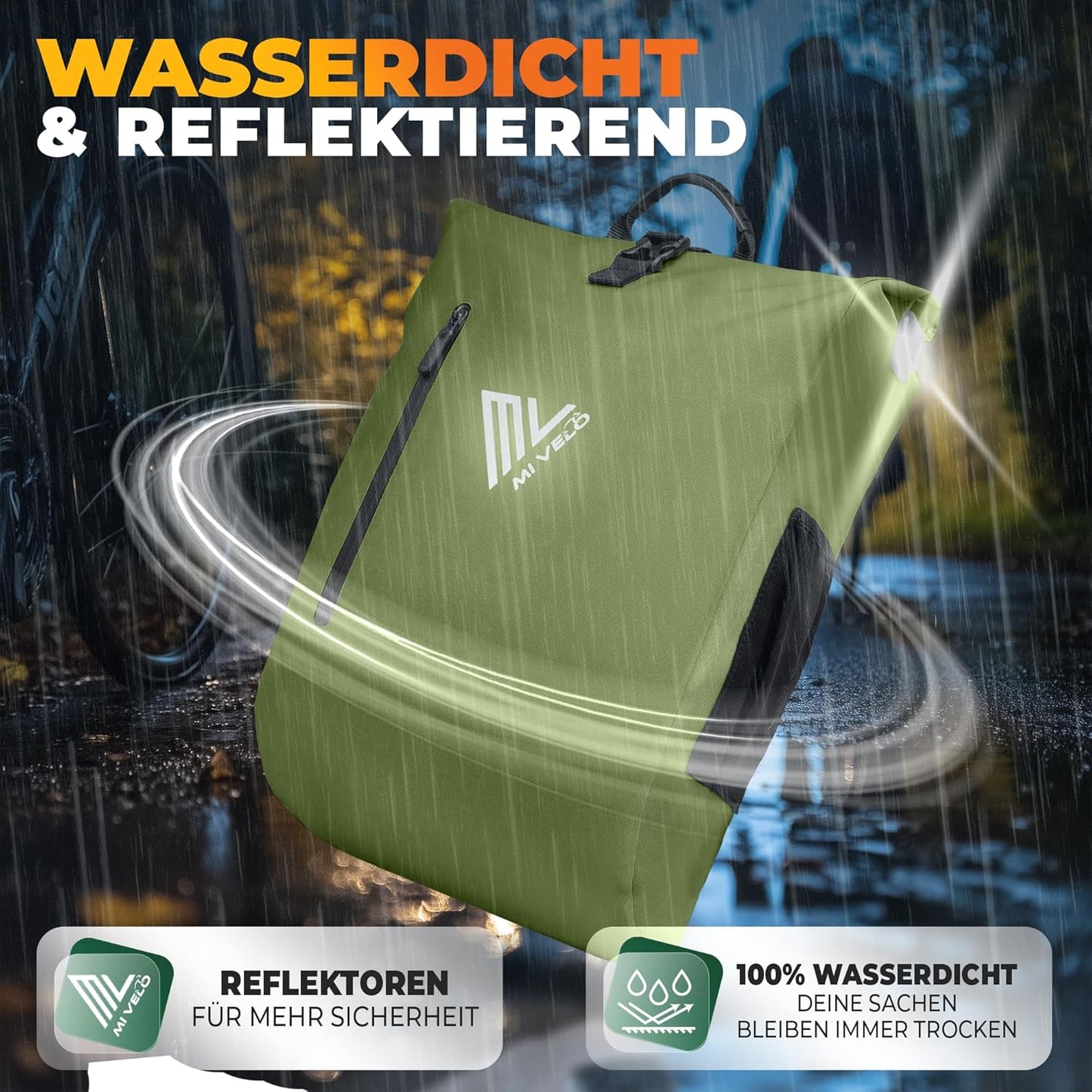 MIVELO – 3-in-1 Waterdichte Fietstas met Laptopvak – Olijfgroen – 20L