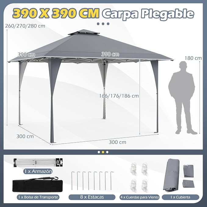 Coast Opvouwbare Partytent 3,95 × 3,95 m – Pop-Up Paviljoen met Ventilatiedak, 3 Hoogtestanden, UV-Bescherming & Draagtas – Grijs
