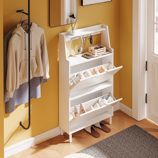 SoBuy Schoenenkast, extra plat 19 cm - opslag tot maat 47 - met haken en open rek voor kleine woning, hal, entree - wit, 60 x 19 x 119 cm, FSR221-W