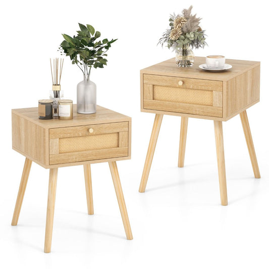 Coast Set van 2 Rotan Nachtkastjes - met lade - massief houten poten - natuurlijk eiken - 40 x 40 x 55 cm