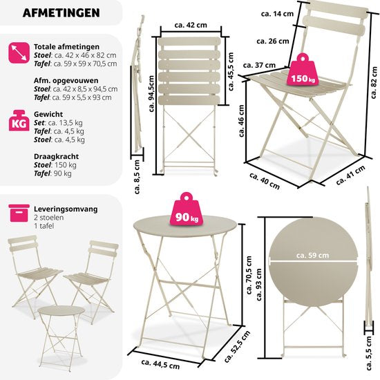 tectake® - Inklapbare bistroset voor 2 personen met stalen frame, tafel en tuinstoelen - Voor balkon en terras - Buitenset - Tuinset - Klaptafel en klapstoelen - elegant design - creme