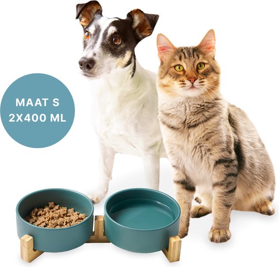 Voerbak Kat en Hond Keramiek - Voerbakken Dubbel met Standaard - Drinkbak - 2x 400 mL - Groen Mat