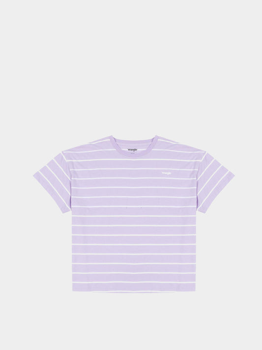 Wrangler Dames T-shirt – Gestreept, Katoen, Maat M, Lavendel/Wit – Oversized Pasvorm, Lengte 62 cm, Bovenwijdte 55 cm