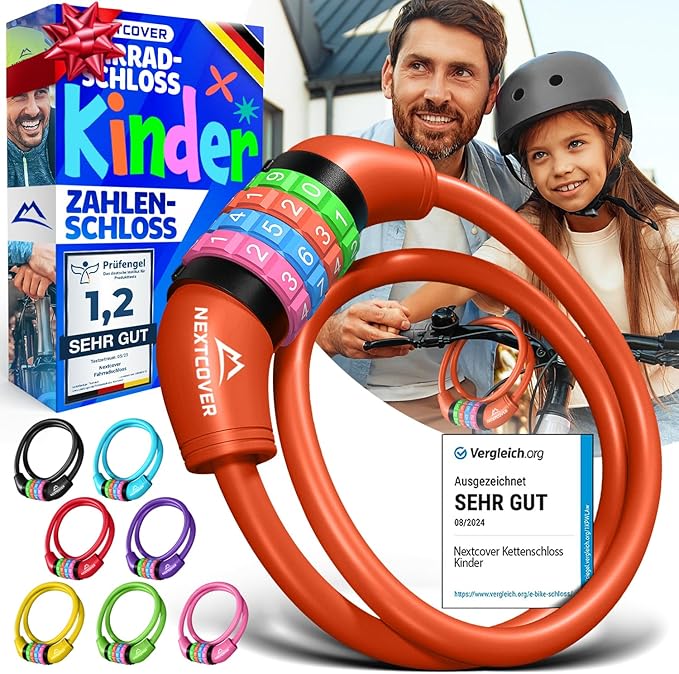 NEXTCOVER® Kinderfietsslot - 4-cijferige cijfercode - Combinatieslot fiets met kleurrijke cijfers - Scooterslot Extra robuust & veilig - Rood