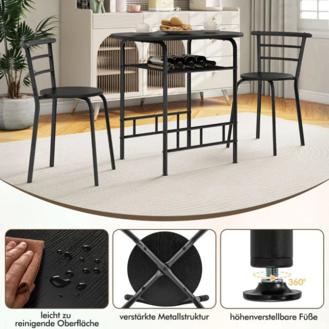 Coast Eettafelset Zwart – 3-Delige Bartafelset met 2 Stoelen en Wijnrek – Tafel 80 x 53 x 77 cm
