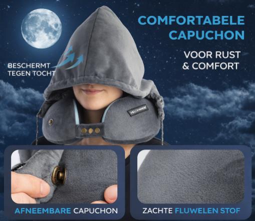 HELDENWERK – Reiskussen Met Capuchon – 24 x 14 x 27 cm & Verstelbaar – Voorzien Van Traagschuim En Afneembare Fluwelen Hoes – Voor Vliegtuig En Auto – Lichtgrijs Polyester