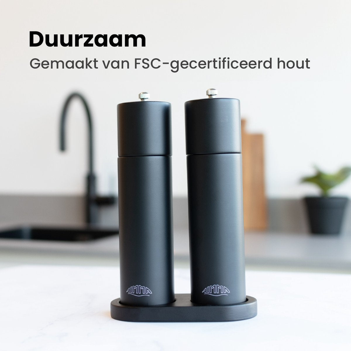 Nimma® Peper en Zoutmolen Set - Incl Navul Lepel - Verstelbare Maalgraad - Duurzaam Acacia Hout - Zwart