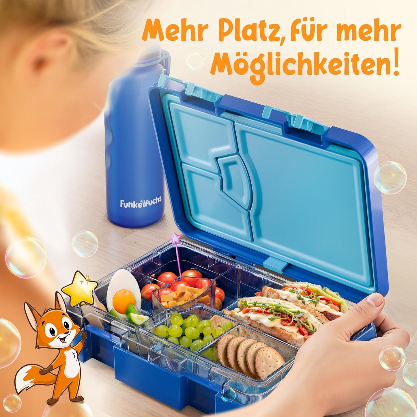 Funkelfuchs® - Lunchbox kinderen met vakverdeling - 800ml, blauw - Lunchbox maanlicht, groot - Snackbox, snackbox, broodtrommel, maaltijdbox, bentobox kinderen - voor school, crèche en kinderdagverblijf
