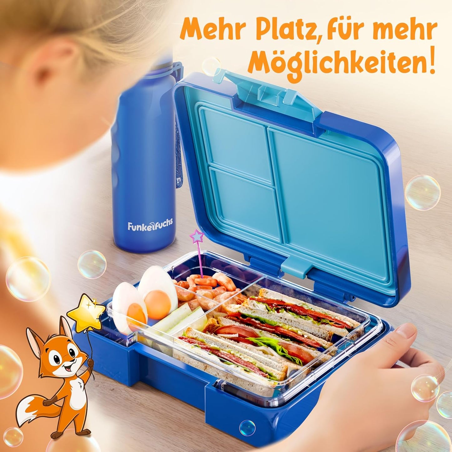 Funkelfuchs® - Lunchbox kinderen met vakjes - 500ml, blauw - Lunchbox ster, klein - Snackbox, snackbox, broodtrommel, maaltijdbox, bentobox kinderen - voor school, kleuterschool en kinderdagverblijf