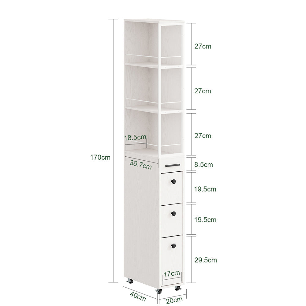 SoBuy Niskast Smal - 4 Wielen en 3 Laden - 40x20x170 cm