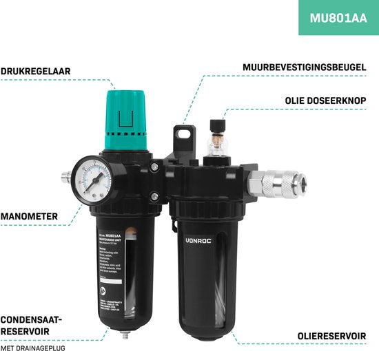 VONROC Luchtverzorgingsunit - Perslucht ontvochtiger, drukregelaar en olievernevelaar - verzorging en onderhoud van pneumatisch gereedschap - 100-300 l/min – 0-10 bar - Universele EU-RO/DIN 7.2mm koppeling
