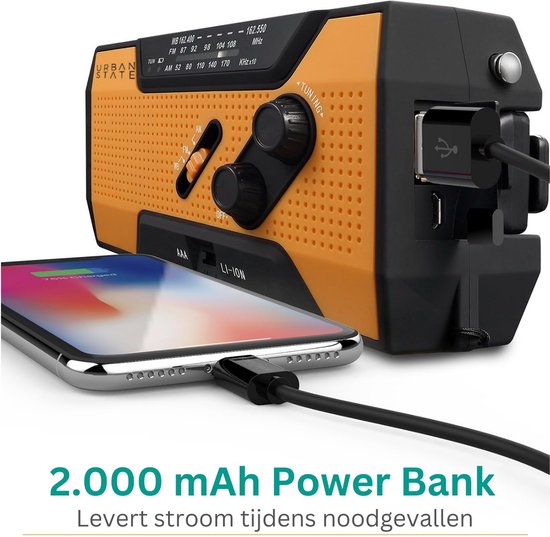 Urban State Noodradio opwindbaar en batterij - Solar radio - Zaklamp / powerbank - Noodradio solar opwindbaar
