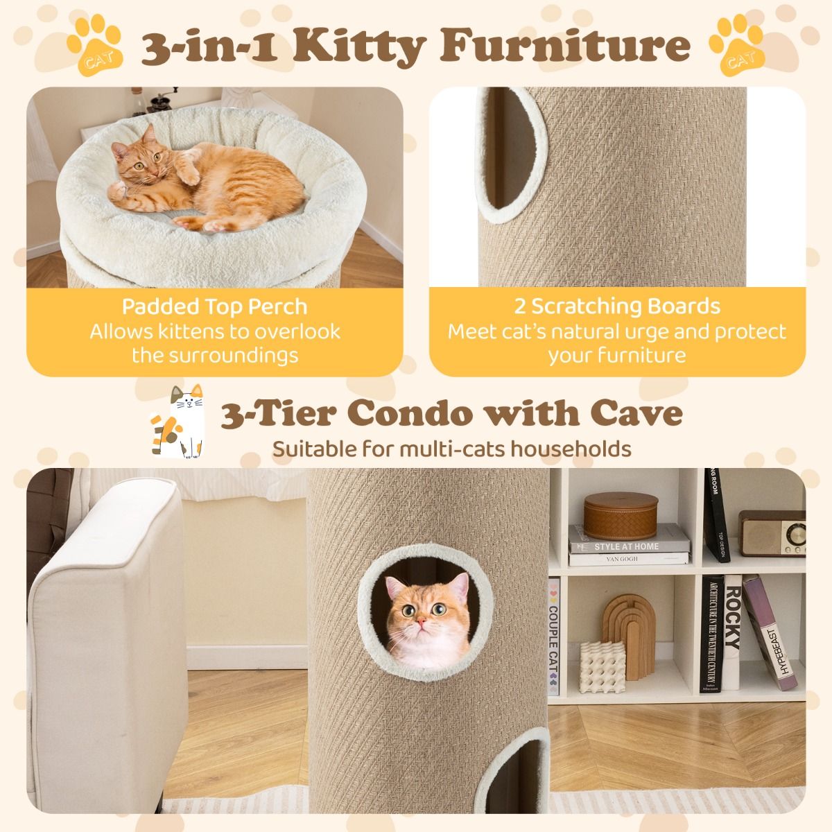 Coast Kattenhuis met Vier Verdiepingen - Pluche Bed - Sisal Krabpalen - Bruin 43 x 43 x 113 cm