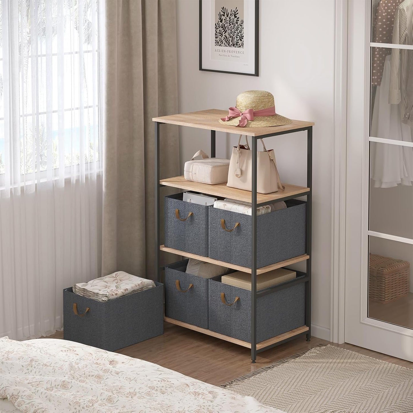 Woltu Opvouwbare Opbergboxen Set van 5 - Grijs - 47 x 35 x 30 cm - Stapelbare Stoffen Opbergkubussen met Handgrepen
