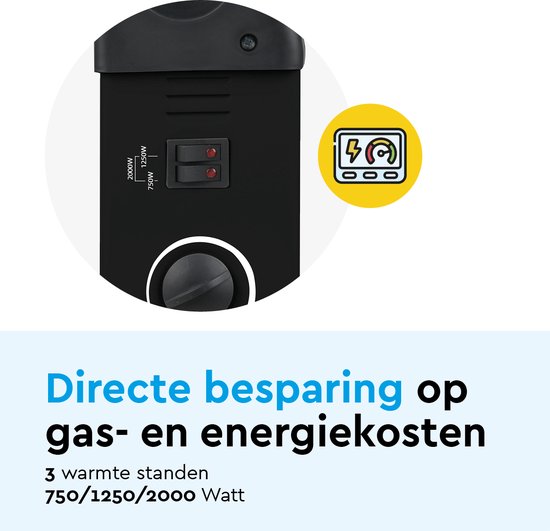 BRASQ Elektrische Convectorkachel - Verstelbare thermostaat - Elektrische Kachel - 750/1250/2000 watt - Verwarming - Zwart